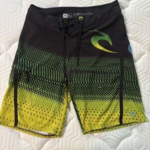 Rip Curl Mirage Hybrid Boardshorts‎ Men's 30 Black Green Yellow Surf Swim Zips